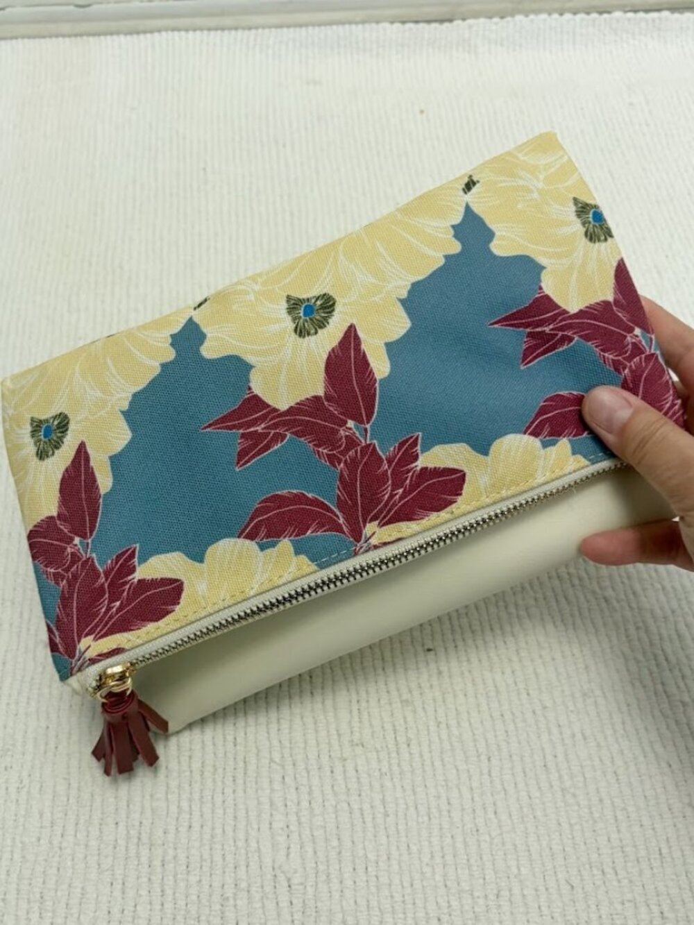 Rachel Pally Floral Print Fold Over Canvas Vegan Leather Tassel Clutch Purse